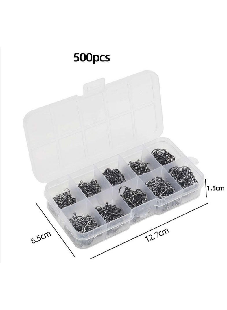 OASIS-TH 500-Piece Premium Fishhooks High Carbon Steel Fishing Hooks with 10 Sizes, Strong Sharp Fish Hook with Barbs, Portable Plastic Box, for Freshwater Seawater - Image 3
