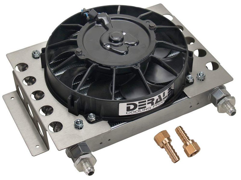 Derale Performance Fluid Cooler and Fan, 12.75 x 9.375 x 4.313 in, Plate and Fin Type, 5/8-18 in Female O-Ring Inlet/Outlet, 6 AN Male Adapters, Fittings, Aluminum, Black Powder Coat, Universal - Image 2