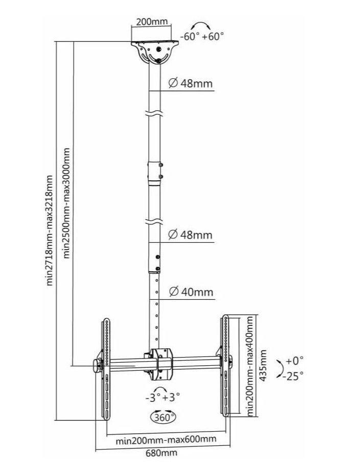 Skilltech SH 643C Ceiling Mount for 26"–75" LED LCD TVs – Max VESA 600x400, Adjustable Drop Height 2.5m to 3m, 50kg Load Capacity, Full Motion Swivel Tilt, Durable Black Steel Construction for Home, Office, Retail, Conference Room & Public Display Installations - Image 4