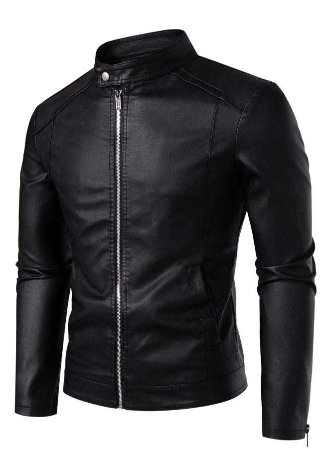 Zbrandy Mens Leather Jacket Faux Leather Motorcycle Jackets Stand Collar Biker Coat Outwear, Black, S - Image 4