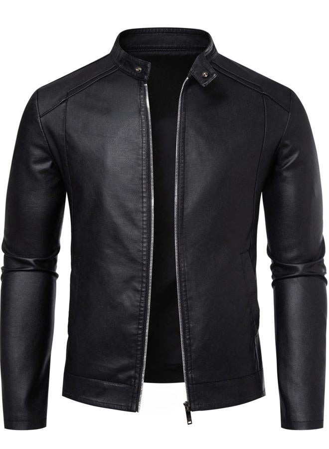 Zbrandy Mens Leather Jacket Faux Leather Motorcycle Jackets Stand Collar Biker Coat Outwear, Black, S - Image 1