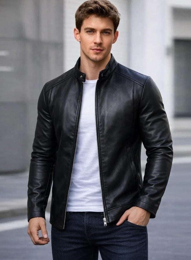 Zbrandy Mens Leather Jacket Faux Leather Motorcycle Jackets Stand Collar Biker Coat Outwear, Black, S - Image 3