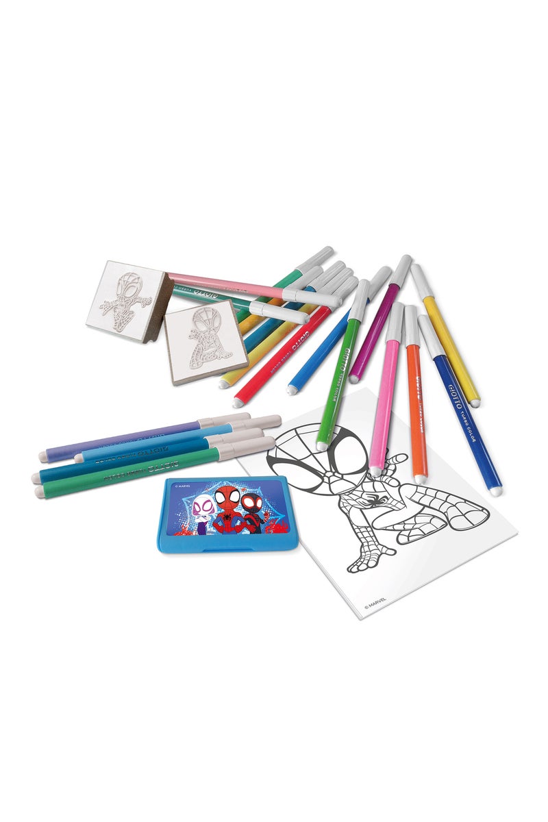 Multiprint Spidey & Friends 18 Felt Tip Pens – Includes 2 Stamps & 1 Ink Pad – Washable Colors – Cardboard Pack – Made in Italy - Image 2