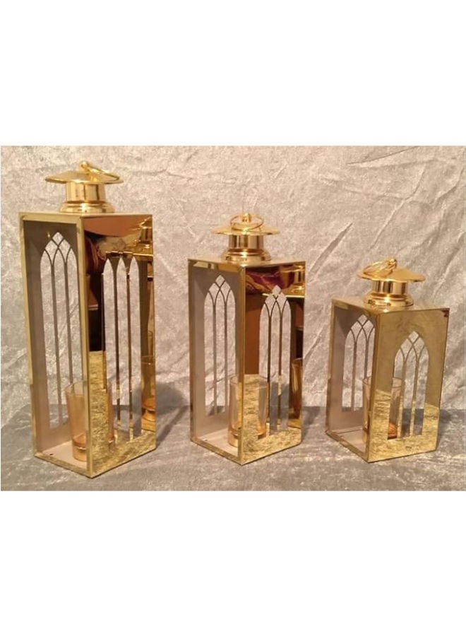 طقم فوانيس معدنية فاخرة 3 قطع – 35×10، 30×10، 20×10 سم لرمضان - Image 2