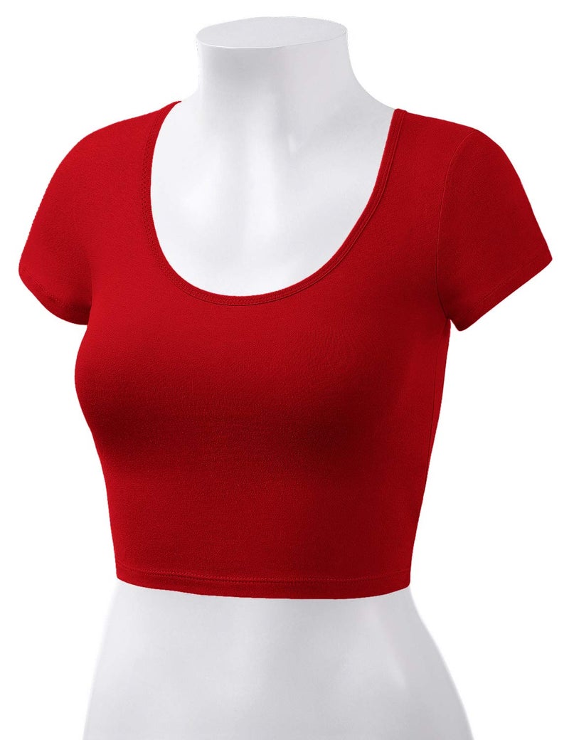 HATOPANTS Women's Cotton Basic Scoop Neck Crop Tops Short Sleeve Tops RED S - Image 4