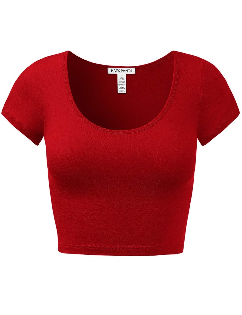 HATOPANTS Women's Cotton Basic Scoop Neck Crop Tops Short Sleeve Tops RED S - Image 1