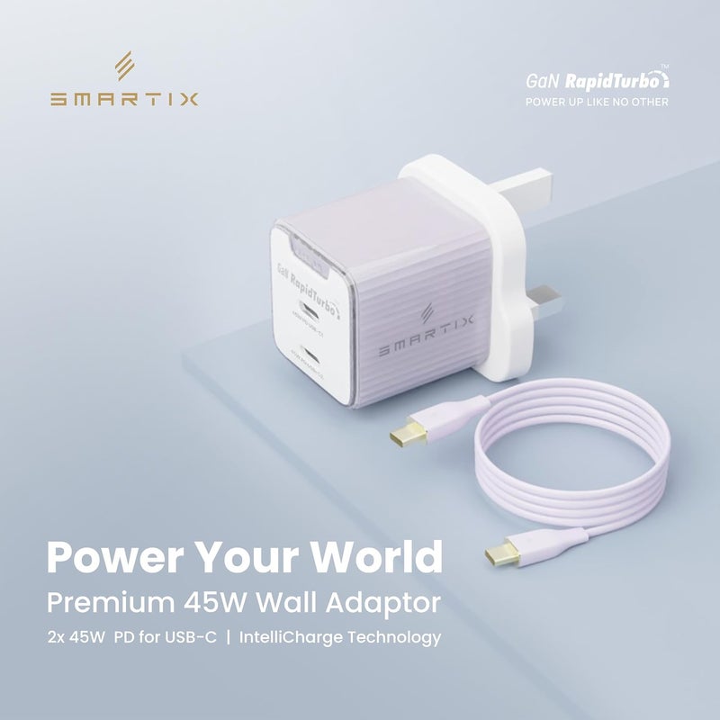 سمارتكس محول حائط فاخر مع منفذي USB-C PD وتقنية IntelliCharge | شاحن سريع RapidTurbo | تصميم مضغوط مناسب للسفر لأجهزة الكمبيوتر المحمولة والأجهزة اللوحية والهواتف الذكية (أرجواني، 45 واط) - Image 2