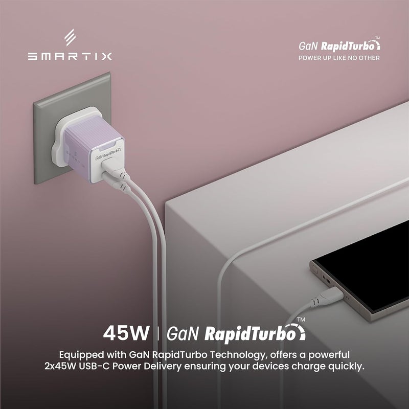 سمارتكس محول حائط فاخر مع منفذي USB-C PD وتقنية IntelliCharge | شاحن سريع RapidTurbo | تصميم مضغوط مناسب للسفر لأجهزة الكمبيوتر المحمولة والأجهزة اللوحية والهواتف الذكية (أرجواني، 45 واط) - Image 3