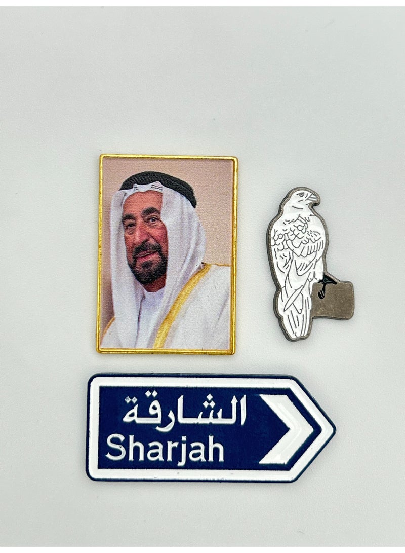 3 قطع من ملصقات معدنية - ملصق الشيخ سلطان و علامة شارع الشارقة و ملصق الصقر - معدن عالي الجودة للهواتف المحمولة وأجهزة الكمبيوتر المحمولة وحقائب الظهر والمزيد - Image 1