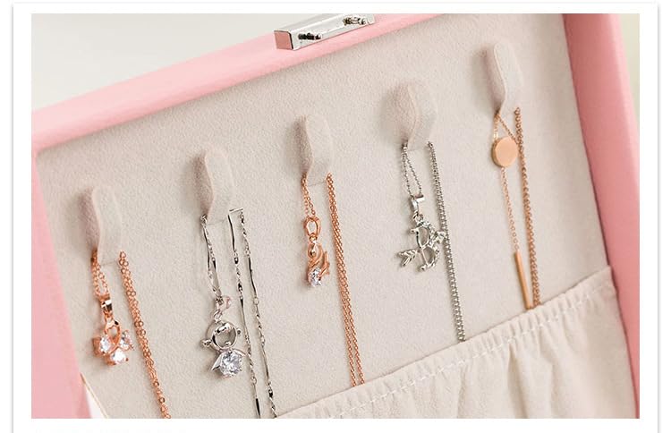 KRESHU PU Leather Double Layer Jewelry Organizer | Women's Makeup Storage Case with Smart Golden Key Lock | Stylish Accessory Box for Necklaces, Bracelets, Earrings (CHEX-PINK) - Image 5