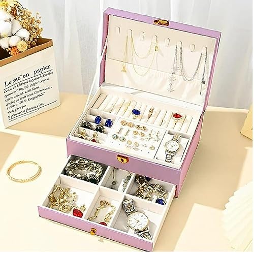 KRESHU PU Leather Double Layer Jewelry Organizer | Women's Makeup Storage Case with Smart Golden Key Lock | Stylish Accessory Box for Necklaces, Bracelets, Earrings (CHEX-PINK) - Image 3