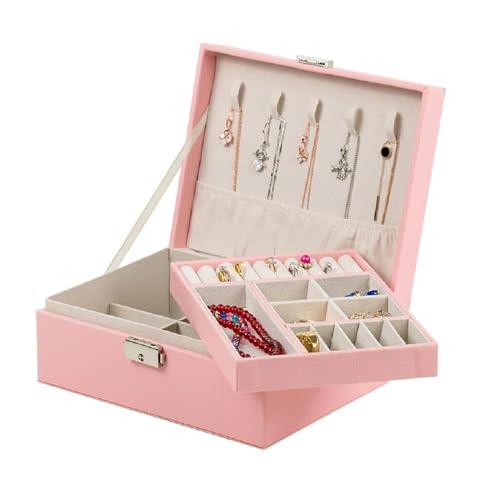 KRESHU PU Leather Double Layer Jewelry Organizer | Women's Makeup Storage Case with Smart Golden Key Lock | Stylish Accessory Box for Necklaces, Bracelets, Earrings (CHEX-PINK) - Image 1