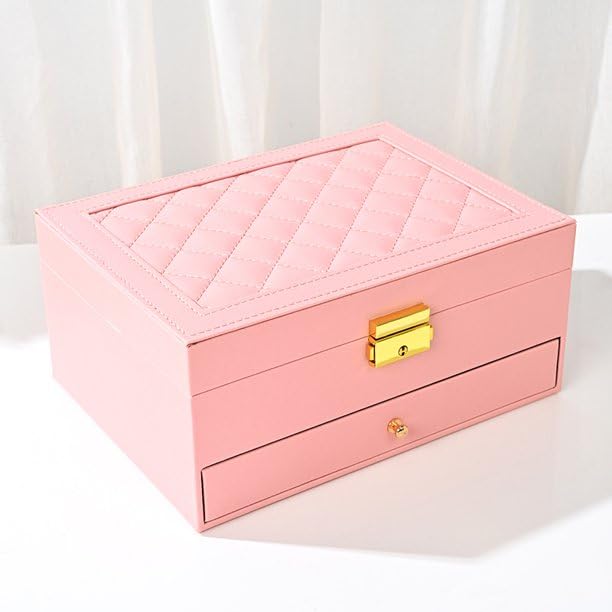 KRESHU PU Leather Double Layer Jewelry Organizer | Women's Makeup Storage Case with Smart Golden Key Lock | Stylish Accessory Box for Necklaces, Bracelets, Earrings (CHEX-PINK) - Image 2