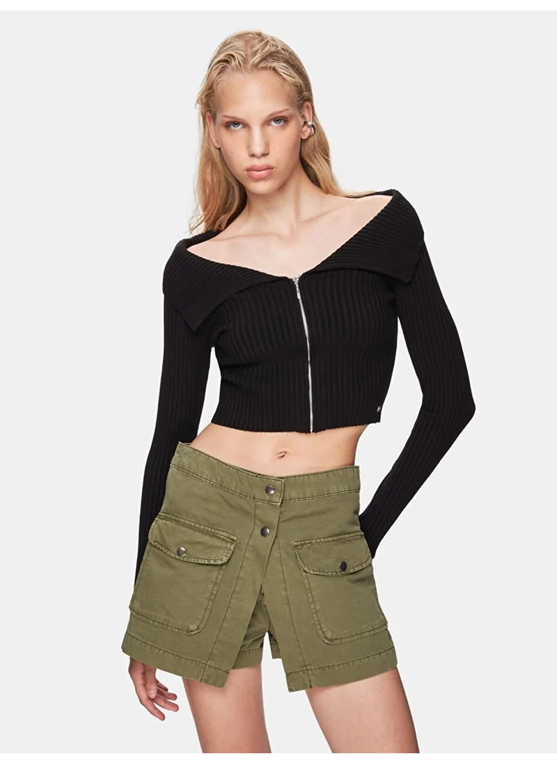 LTB Ribbed Open Shoulder Zippered Knitwear Black Cardigan