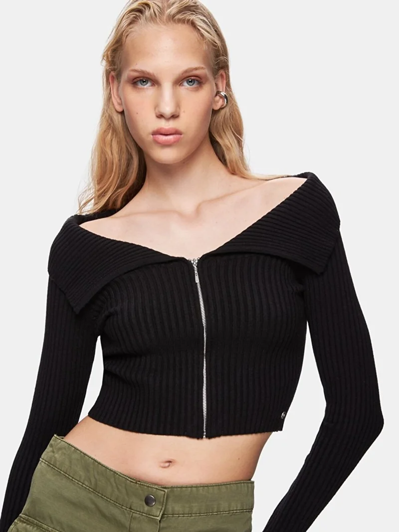 LTB Ribbed Open Shoulder Zippered Knitwear Black Cardigan
