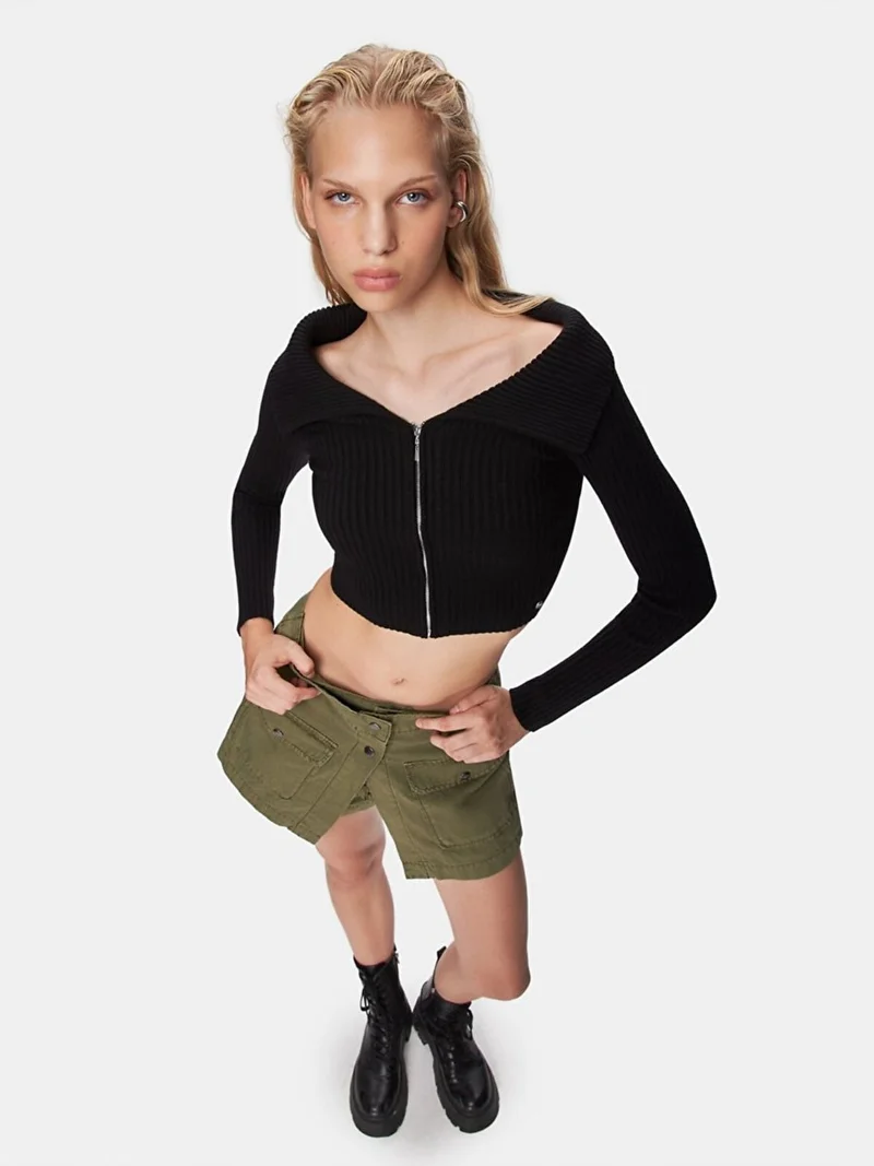 LTB Ribbed Open Shoulder Zippered Knitwear Black Cardigan
