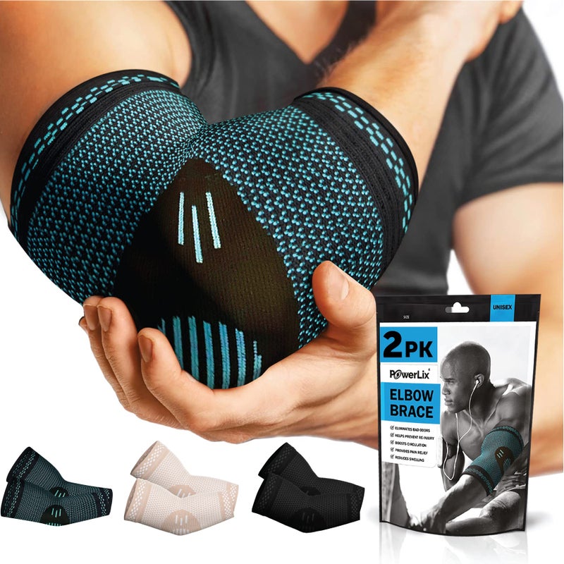 POWERLIX Elbow Brace Compression Support (Pair) - Elbow Sleeve for Tendonitis, Tennis Elbow Brace and Golfers Elbow Treatment, Arthritis, Workouts, Weightlifting – Reduce Elbow Pain (Blue, S) - Image 1