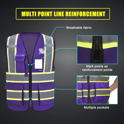 AYKRM 11 colors available safety vest reflective purple High Visibility Reflective Safety Vest for Women Men High Visibility Security with Pockets Zipper - Image 5