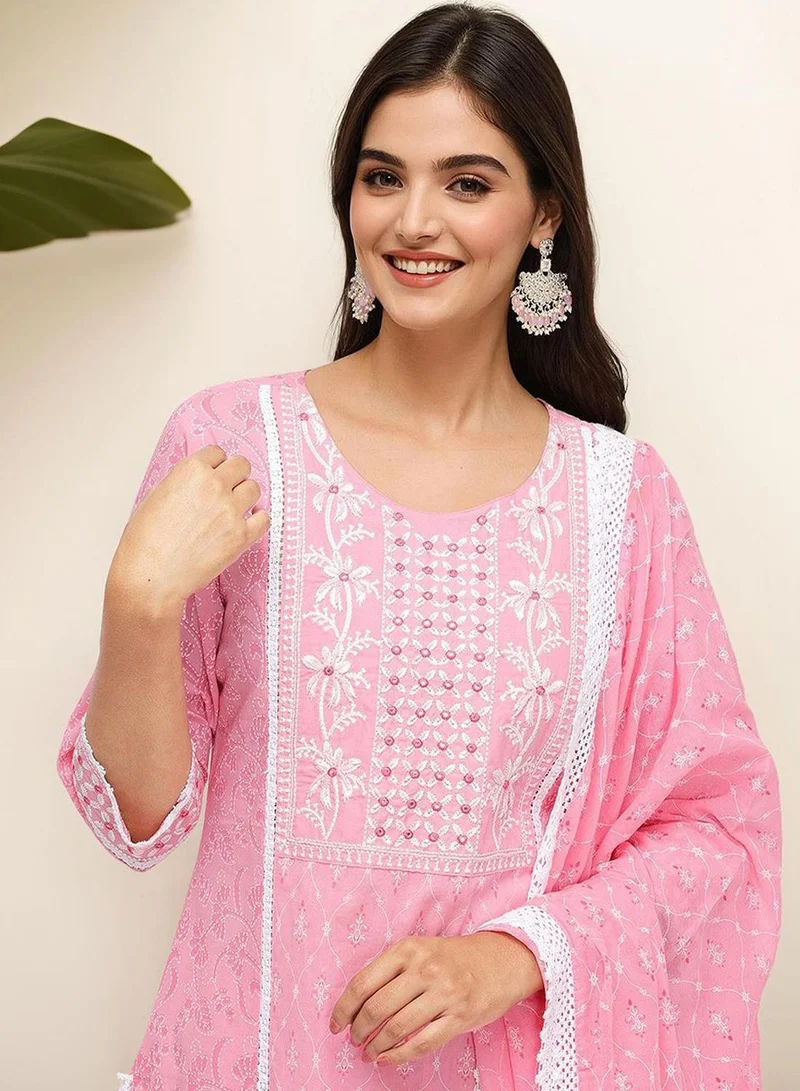 آي شين Regular Fit Three-Quarter Sleeve Printed Pink Cotton Woven Kurta Set For Women Flat Collar Perfect For Wedding And Engagement Pull On Closure