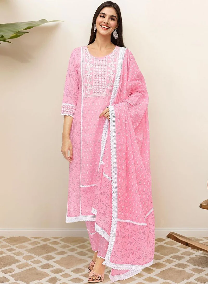 آي شين Regular Fit Three-Quarter Sleeve Printed Pink Cotton Woven Kurta Set For Women Flat Collar Perfect For Wedding And Engagement Pull On Closure