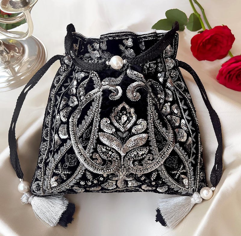 MASQ by Q-One Embroidered Silk Potli Bags - Handcrafted for Weddings, Festive Season & Special Occasions with Beads and Sequins - Made in India - Image 2