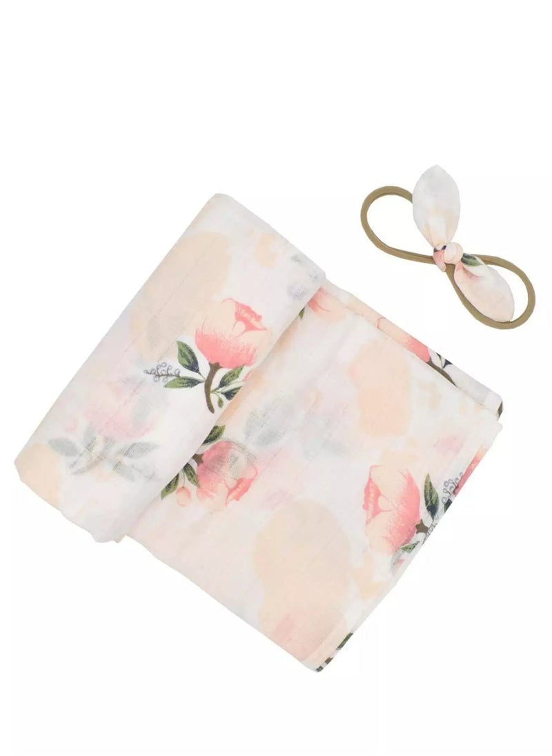 Generic Newborn Girl Flower Print Wrap Blanket & Headband Photo Outfit  - Image 1