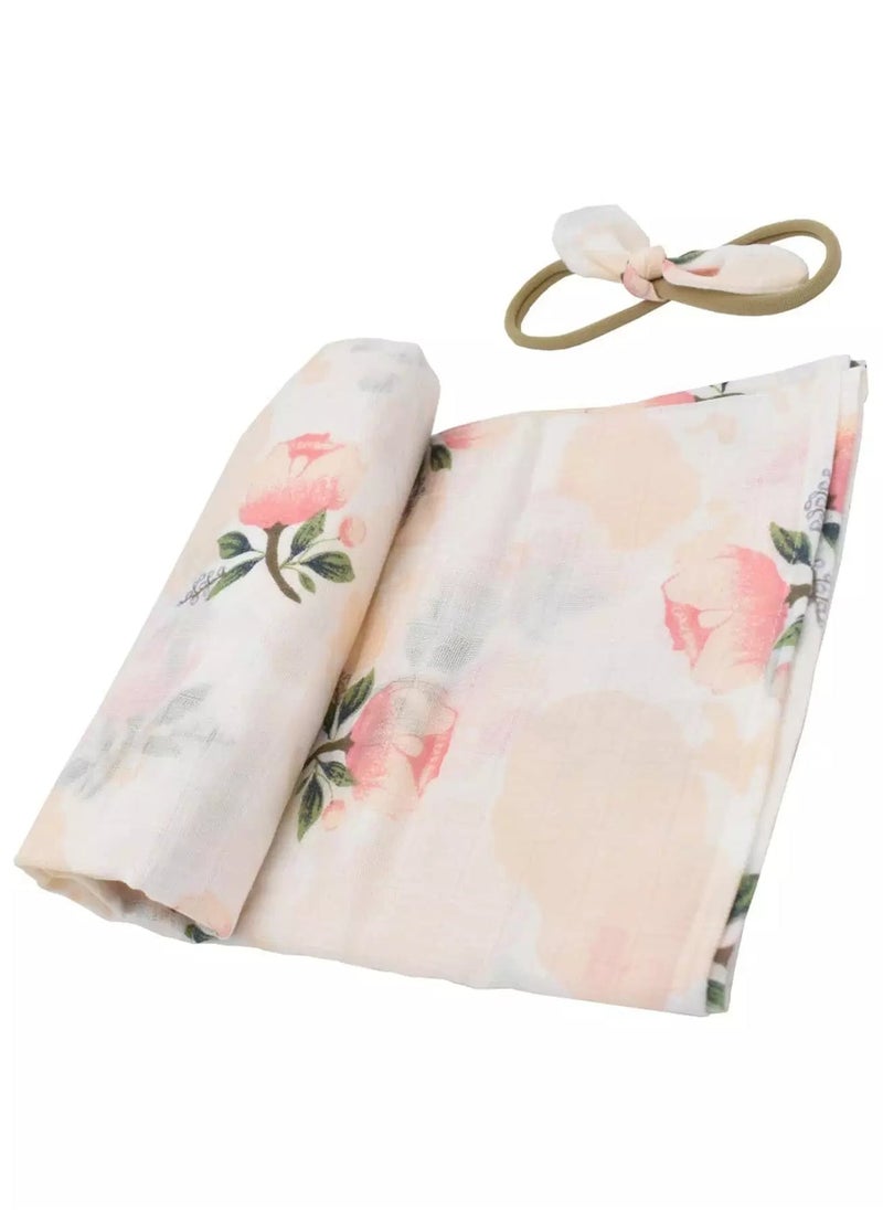 Generic Newborn Girl Flower Print Wrap Blanket & Headband Photo Outfit  - Image 2