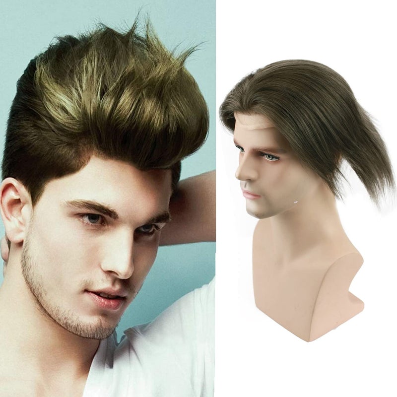 Mens Toupee Monofilament Net with PU around Base European Virgin Human Hair Lace Front Mens Hairpiece Hair Replacement System 108 6 Color