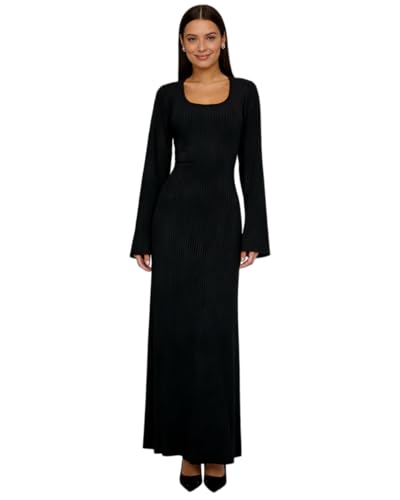 ZGMYC Women's Scoop Neck Lace Up Ribbed Maxi Dress Knit Flare Sleeve Bodycon Dress Loose Casual Long Dresses Black - Image 1