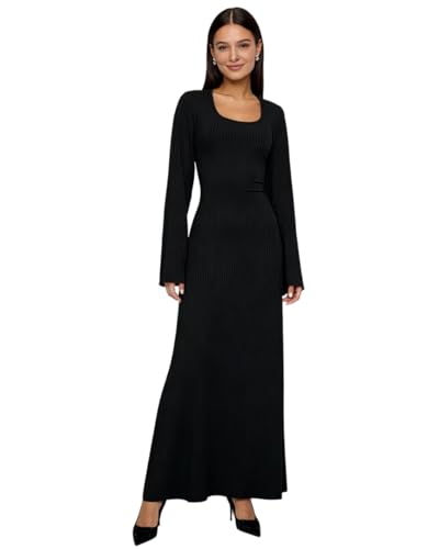 ZGMYC Women's Scoop Neck Lace Up Ribbed Maxi Dress Knit Flare Sleeve Bodycon Dress Loose Casual Long Dresses Black - Image 2