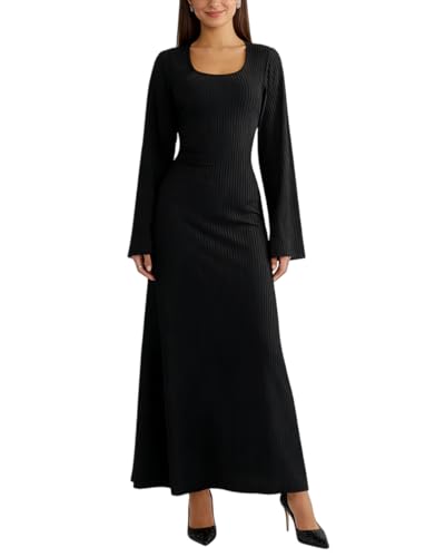 ZGMYC Women's Scoop Neck Lace Up Ribbed Maxi Dress Knit Flare Sleeve Bodycon Dress Loose Casual Long Dresses Black - Image 4