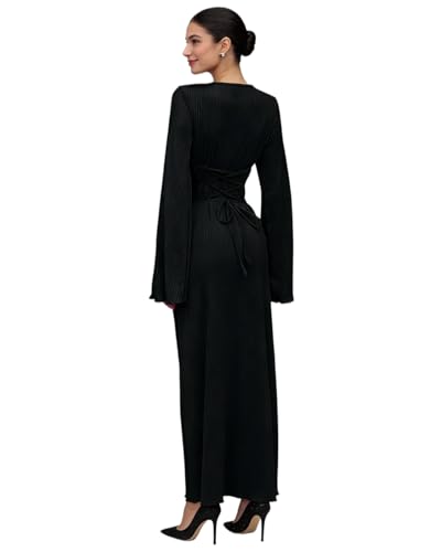ZGMYC Women's Scoop Neck Lace Up Ribbed Maxi Dress Knit Flare Sleeve Bodycon Dress Loose Casual Long Dresses Black - Image 3