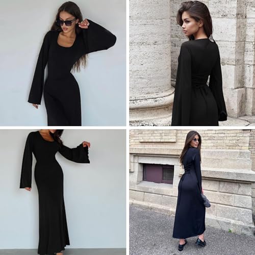 ZGMYC Women's Scoop Neck Lace Up Ribbed Maxi Dress Knit Flare Sleeve Bodycon Dress Loose Casual Long Dresses Black - Image 5