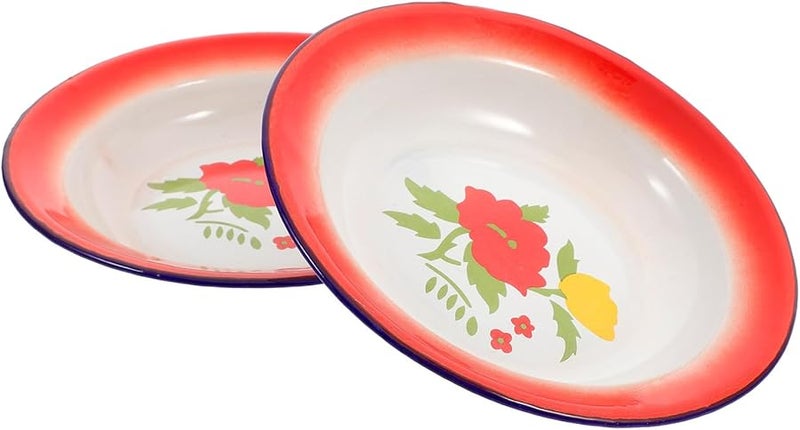 Retro Enamel Plates 18cm Round 2 Pcs Floral Pattern Dinnerware Set For Kitchen Serving - Image 1