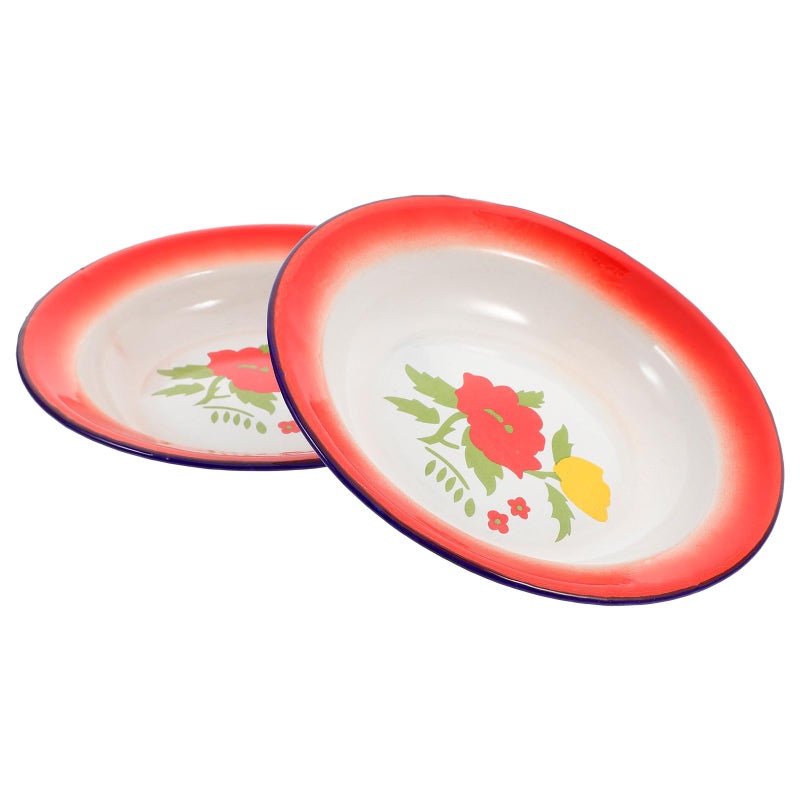 Retro Enamel Plates 18cm Round 2 Pcs Floral Pattern Dinnerware Set For Kitchen Serving - Image 2