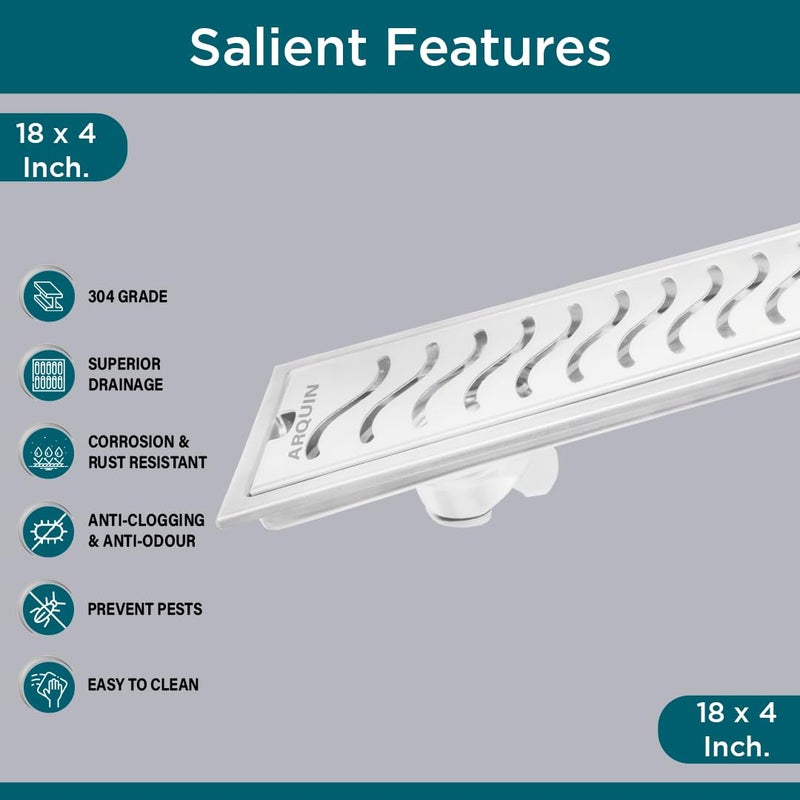 ARQUIN 304 Grade Stainless Steel Shower Water Drain Channel Waste Water Floor Drain with Cockroach Trap Side Hole18X4 inch - Image 3