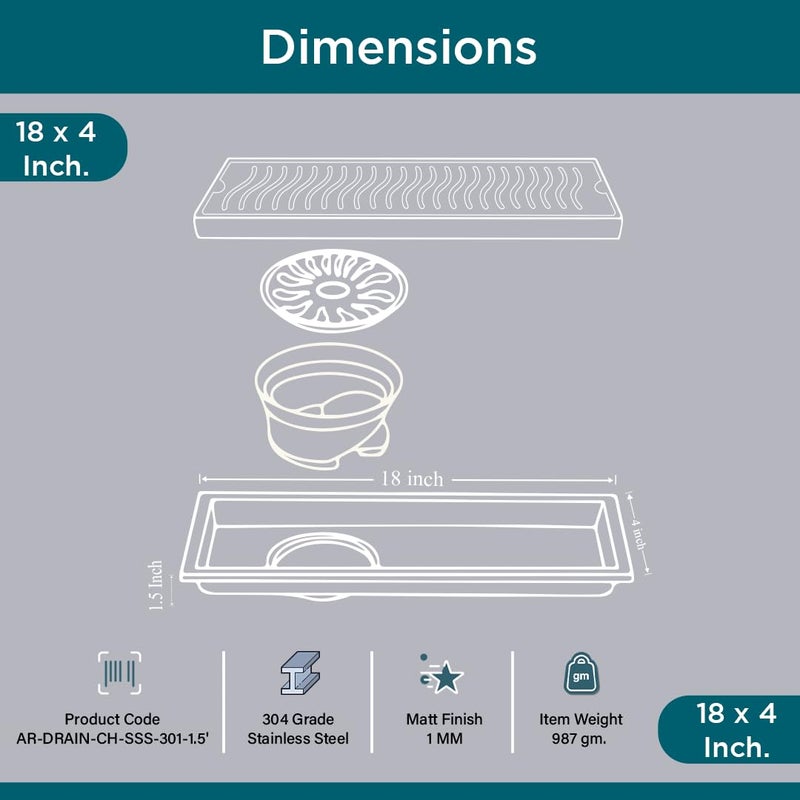 ARQUIN 304 Grade Stainless Steel Shower Water Drain Channel Waste Water Floor Drain with Cockroach Trap Side Hole18X4 inch - Image 5
