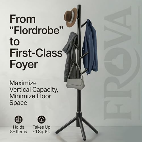 FROVA Wooden Clothes Hanging Stand with 8 Hooks | Free Standing Coat Hanger Stand for Home | Cloth Stand for Bedroom | Ideal for Coats, Hats, Bags, Scarves | 9x9x68 inch | 1 Piece (Black) - Image 3
