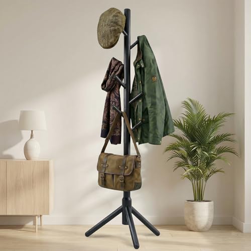 FROVA Wooden Clothes Hanging Stand with 8 Hooks | Free Standing Coat Hanger Stand for Home | Cloth Stand for Bedroom | Ideal for Coats, Hats, Bags, Scarves | 9x9x68 inch | 1 Piece (Black) - Image 2
