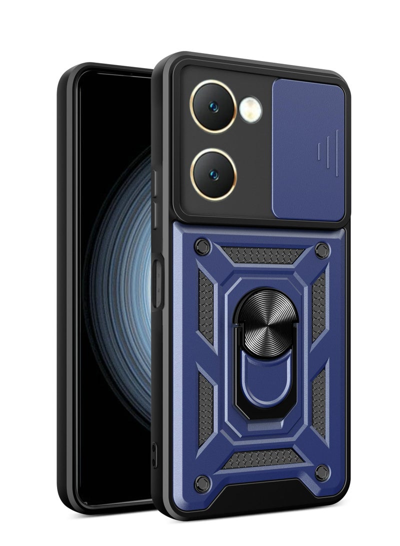 Vivo Y03 Y18 Y18e Y28s Mobile Phone Case Blue Slide Camera Lens Cover 360 Degree Rotating Kickstand Ring Magnetic Car Mount Shockproof