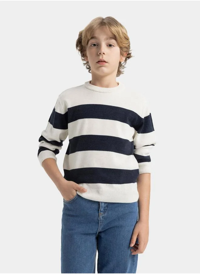 ديفاكتو Regular Fit Crew Neck Striped Knit Sweater