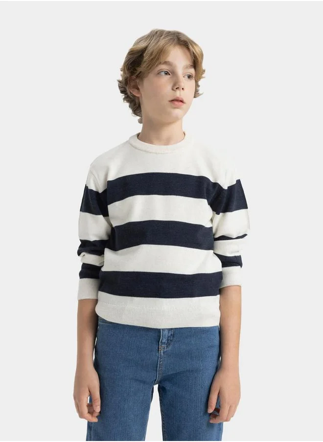 ديفاكتو Regular Fit Crew Neck Striped Knit Sweater