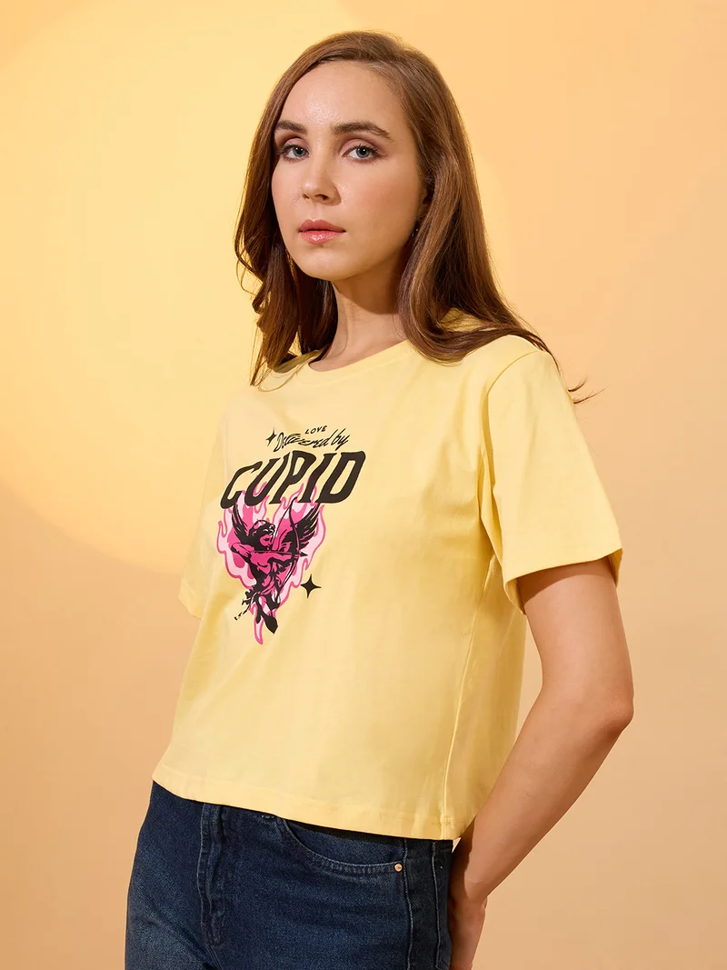 globus Women Yellow Round Neck Short Sleeves Graphic Print Oversized Crop T-Shirt