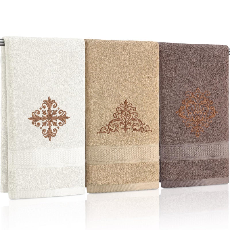FuWeave 3 Pcs Vintage Brown Hand Towels Fancy Decorative Bathroom Towels 13.3 x 29.5'' Luxury Damascus Embroidered 100% Cotton Soft Absorbent for Bathroom Kitchen Boho Decor - Image 1