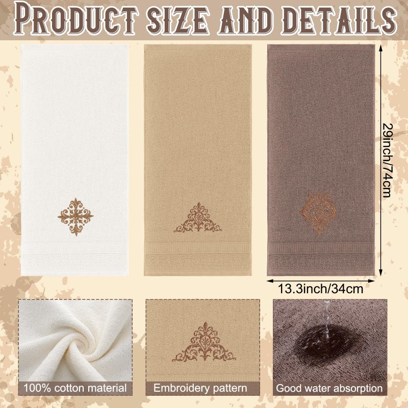 FuWeave 3 Pcs Vintage Brown Hand Towels Fancy Decorative Bathroom Towels 13.3 x 29.5'' Luxury Damascus Embroidered 100% Cotton Soft Absorbent for Bathroom Kitchen Boho Decor - Image 2