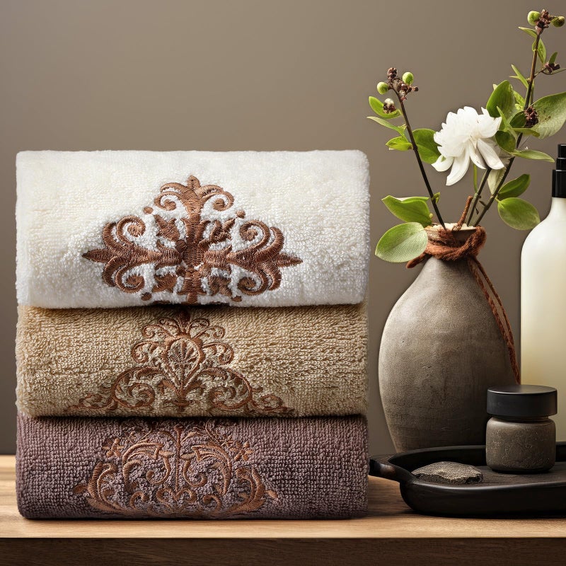 FuWeave 3 Pcs Vintage Brown Hand Towels Fancy Decorative Bathroom Towels 13.3 x 29.5'' Luxury Damascus Embroidered 100% Cotton Soft Absorbent for Bathroom Kitchen Boho Decor - Image 5