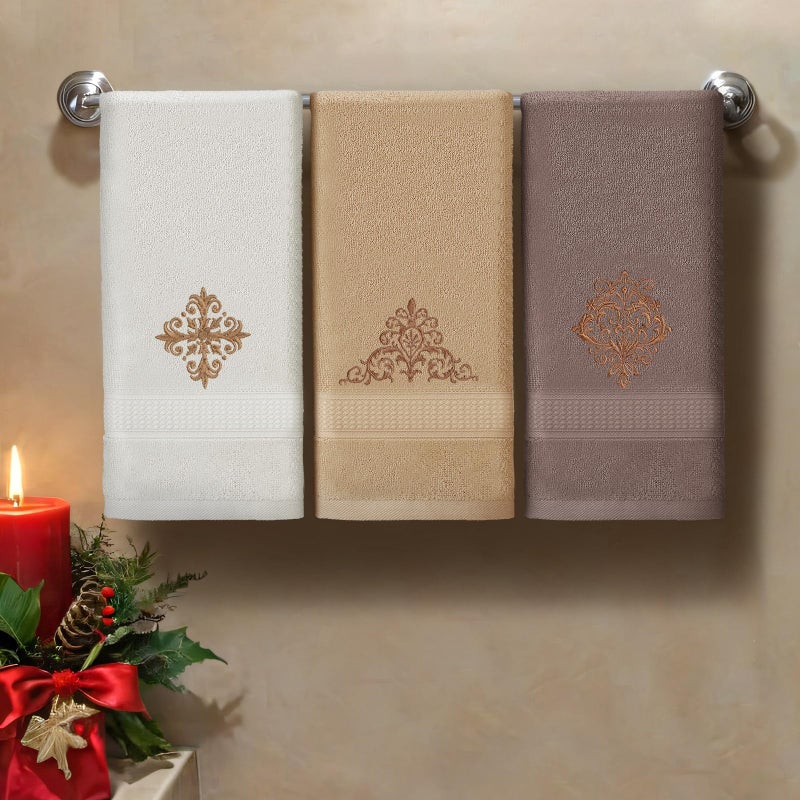 FuWeave 3 Pcs Vintage Brown Hand Towels Fancy Decorative Bathroom Towels 13.3 x 29.5'' Luxury Damascus Embroidered 100% Cotton Soft Absorbent for Bathroom Kitchen Boho Decor - Image 3