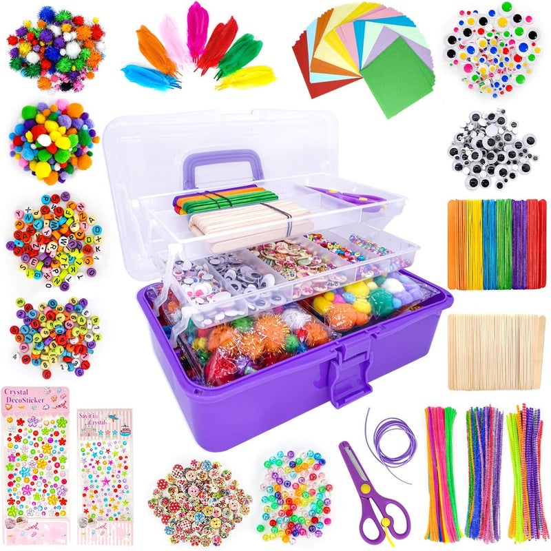 kortes Jumbo Art and Craft Supplies for Kids, Toddler DIY Craft Art Supply Set Included Pipe Cleaners, Pom Poms, Feather, Folding Storage Box - All in One for Craft DIY Art Supplies (Purple) - Image 1