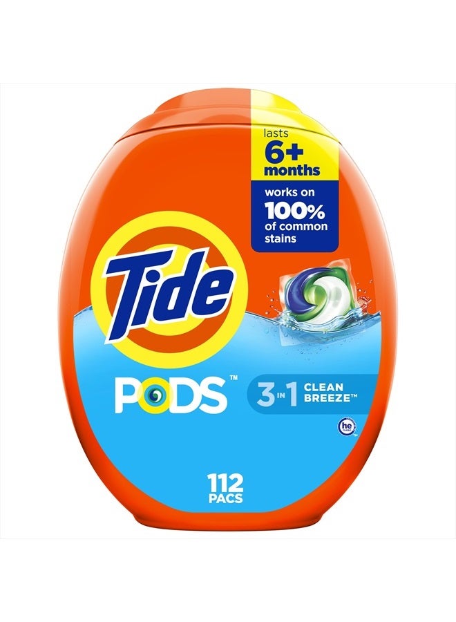 Tide PODS Laundry Detergent Soap Pacs, HE Compatible, 112 ct, Powerful 3-in-1 Clean, Clean Breeze  - Image 1