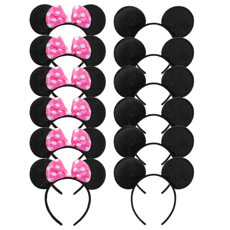 CHuangQi Mouse Ears Solid Black and Pink Bow Headband for Boys & Girls Birthday Party, Pack of 12 - Image 1